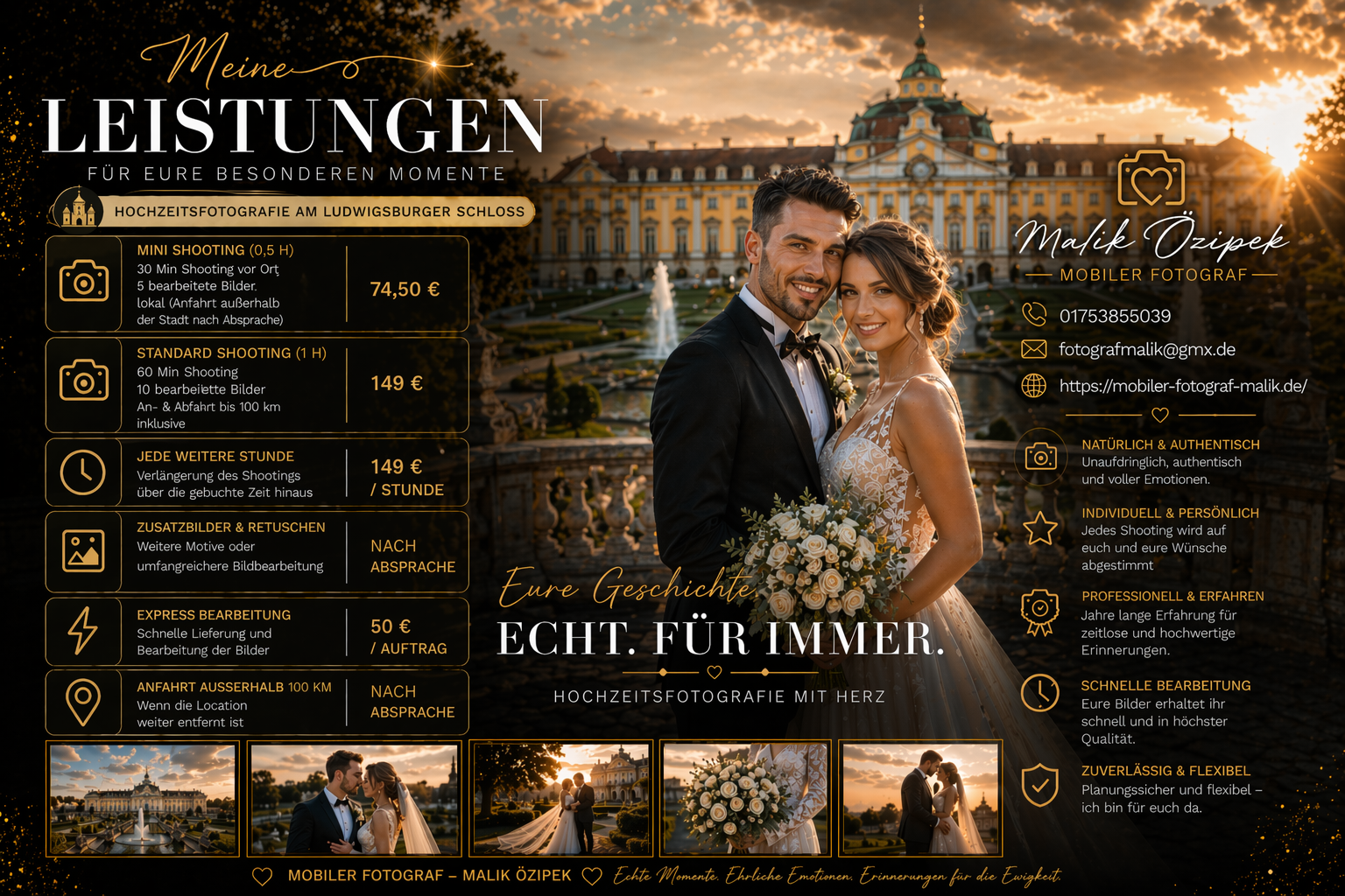 Hochzeitsfotografie Preistabelle von Malik Özipek – Mobiler Fotograf am Ludwigsburger Schloss mit Übersicht zu Shooting-Paketen und Preisen